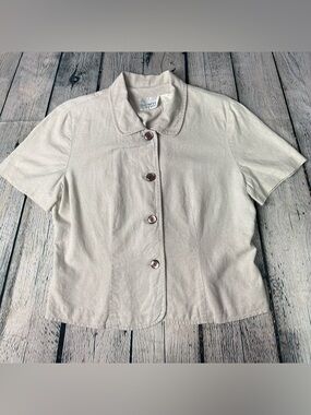 Vintage Halmode Petites Button Front Linen Shirt Peter Pan Collar Khaki Cream
